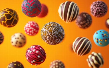 Colorful truffles with intricate designs floating against a radiant orange background