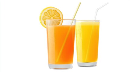 Two refreshing fruit drinks with lemon garnish and straws.