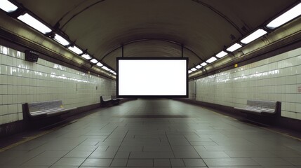 Blank Advertisement Screen in Subway Tunnel:  Modern Underground Station Interior with Empty Billboard