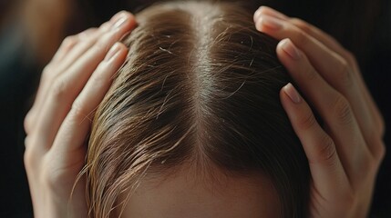 Naklejka premium Woman Hands Holding Thinning Hair On Scalp
