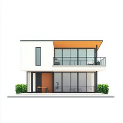 Contemporary two-story house design with large windows and a sleek balcony.