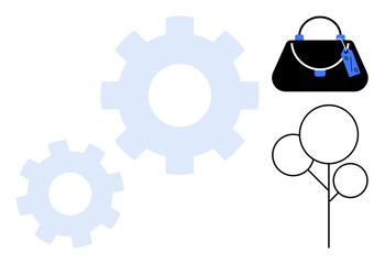 Two partially visible gear mechanisms alongside a handbag and abstract tree illustration. Ideal for innovation, fashion, mechanical engineering, industrial design, consumer goods, nature, creativity