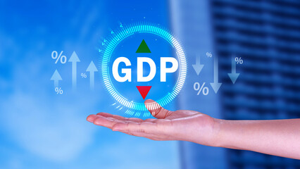 GDP business concept, GDP Gross Domestic Product Gross Domestic Product GDP improvement concept, Arrow and charts, Business growth measure for size of economy compiled for country.