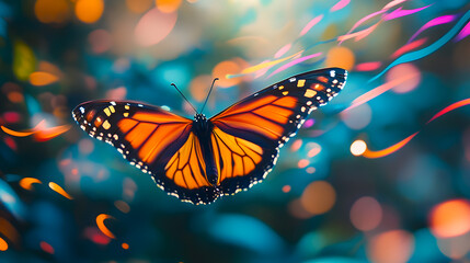 Fototapeta premium Vibrant Monarch Butterfly in Flight Surrounded by Colorful Bokeh Lights and Soft Abstract Background