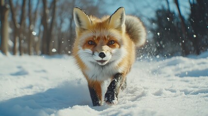 Naklejka premium Playful red fox running through snowy forest.