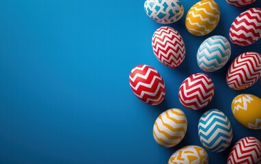 Fototapeta premium Decorated Easter eggs with zigzag patterns, levitating on a cobalt blue background