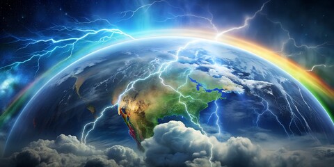 Electric storms dance across a vibrant planet, illuminating the majestic colors of Earth amidst swirling clouds and powerful natural phenomena