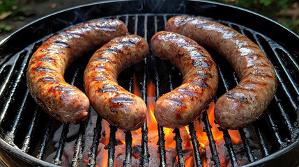 Grilling delicious weisswurst sausages at home outdoors