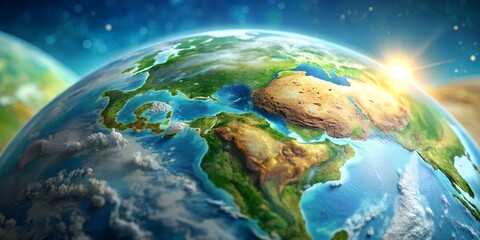 Fototapeta premium View of Earth from space showing lush landscapes and ocean blue, with sunlight illuminating the horizon in a stunning celestial display earth, space, planet, ocean, continent, landscape, sunlight