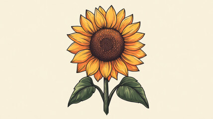 vibrant hand drawn sunflower with detailed petals and green leaves on light background