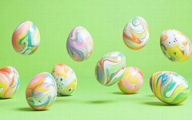 Obraz premium Easter eggs with artistic marbling designs, levitating on a bright lime green background