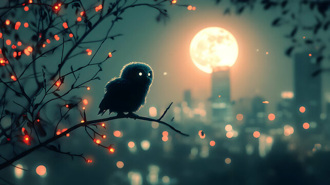 A serene night scene featuring an owl perched on a branch, illuminated by a bright moon and city lights.