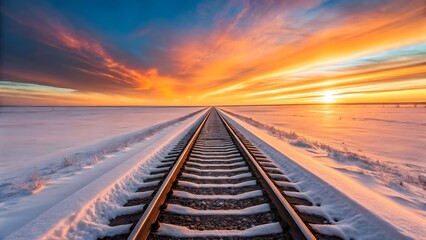 Scenic Sunrise Over Railway Tracks with Snowy Surroundings, Vibrant Golden Sky, and Endless Travel Inspiration