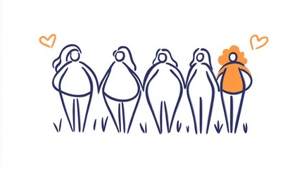 Obraz premium Body Positive Line Art Illustration of Diverse Group of Friends with Various Outfits Displaying Unity and Friendship