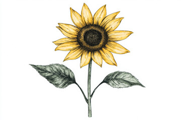 Fototapeta premium hand drawn sunflower with detailed petals and leaves on white background