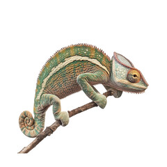Obraz premium vibrant and detailed illustration of a chameleon perched on a branch. showcasing its distinctive colors and textures the chameleon?s unique features. such as its curled tail and bulging eyes. highligh