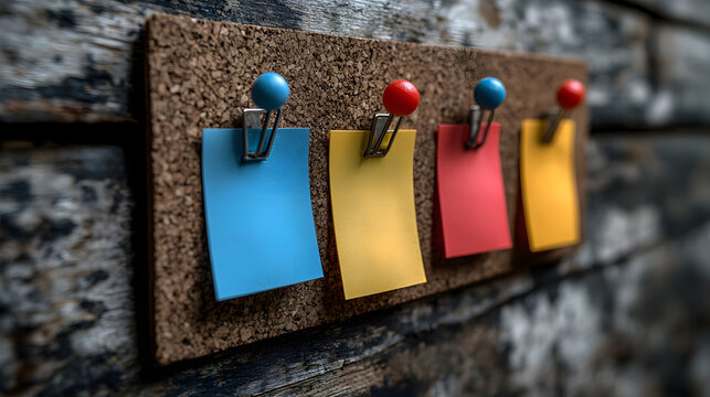Artistic Arrangement of Bright Sticky Notes on Rustic Corkboard Surrounded by Nature Enhancing Timely Reminders and Organization in Personal Workspaces