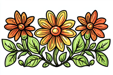 Bright hand drawn illustration of orange and yellow flowers with green leaves