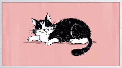 A cartoon black and white cat sitting on a pastel pink backdrop, exuding a charming and whimsical vibe