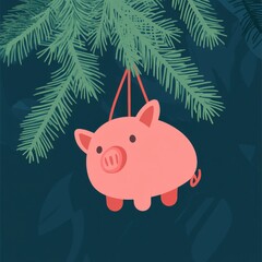 Obraz premium A cute pink cartoon pig ornament hanging from a pine branch against a dark background.