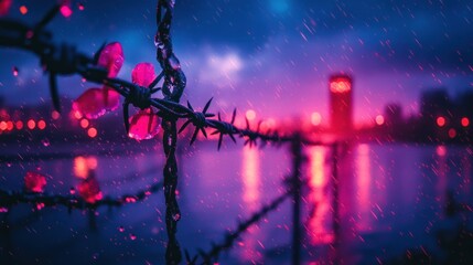 Fototapeta premium Rain-drenched barbed wire fence with pink flowers at night.