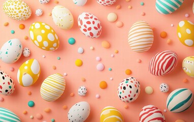 Obraz premium A lively Easter-themed backdrop with abstract patterns and painted eggs on a bright peach background