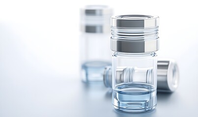 Three glass vials with light blue liquid, metallic caps, on a light blue surface.