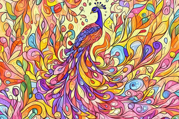 vibrant hand drawn illustration of peacock surrounded by colorful abstract patterns