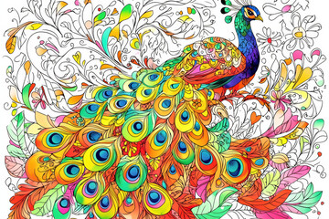 vibrant hand drawn illustration of colorful peacock with intricate floral details