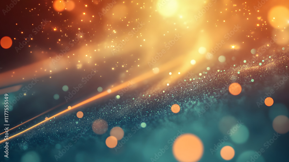 Poster abstract glowing particles in dynamic motion with bokeh effect against a vibrant gradient background