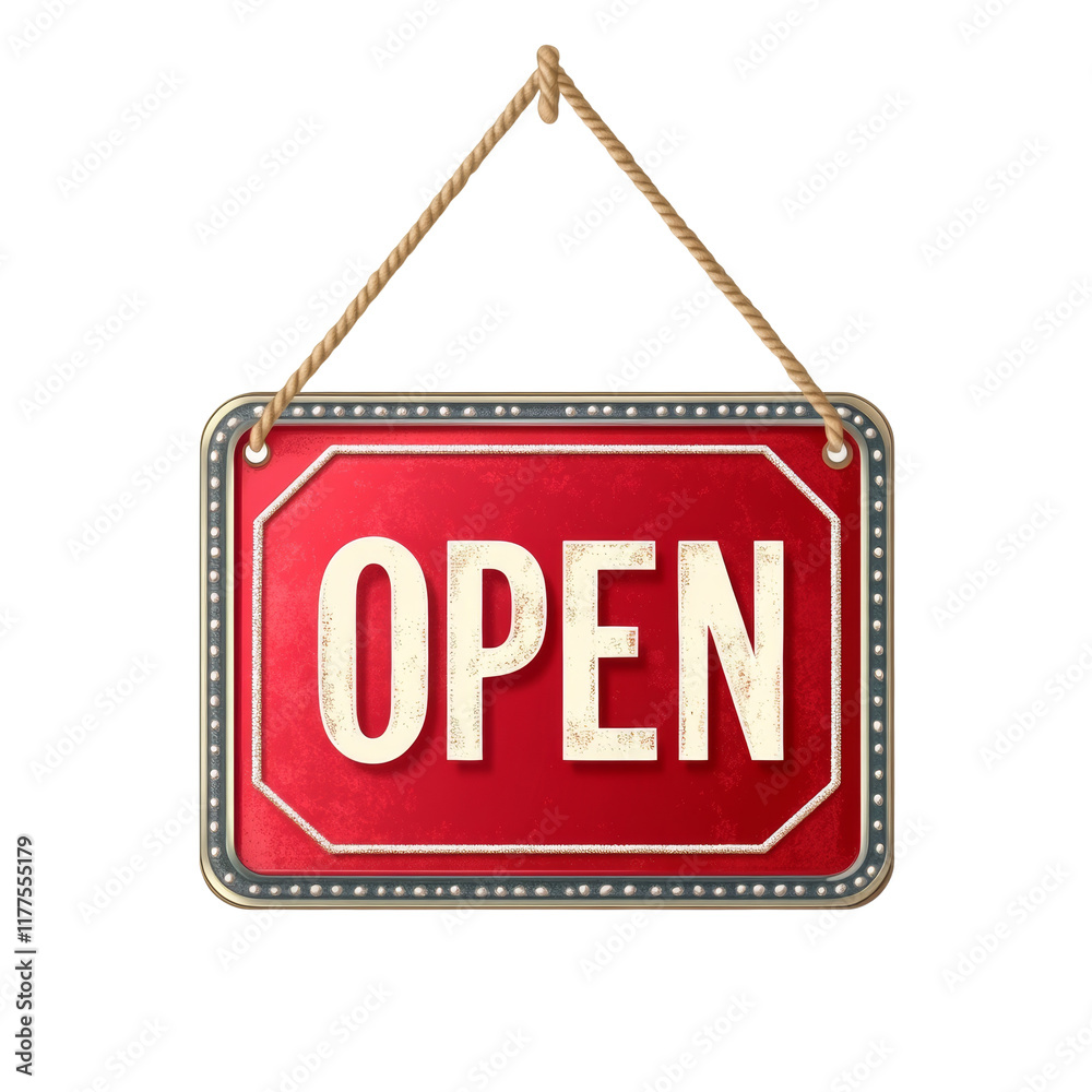 Aufkleber a vintage red metal sign with the word open hangs from a knotted rope indicating the business is ope