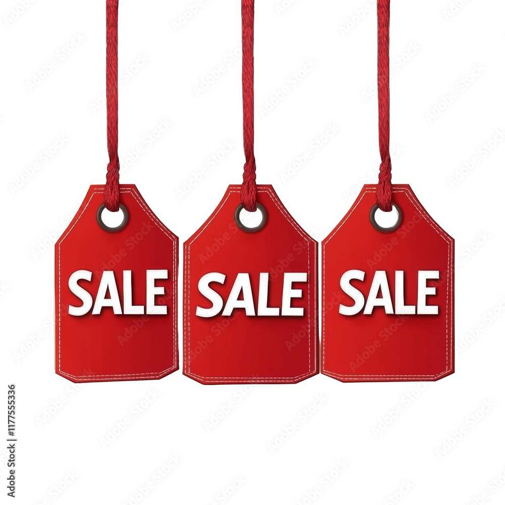 Poster three red sale tags with white lettering hang from red strings against a white background.
