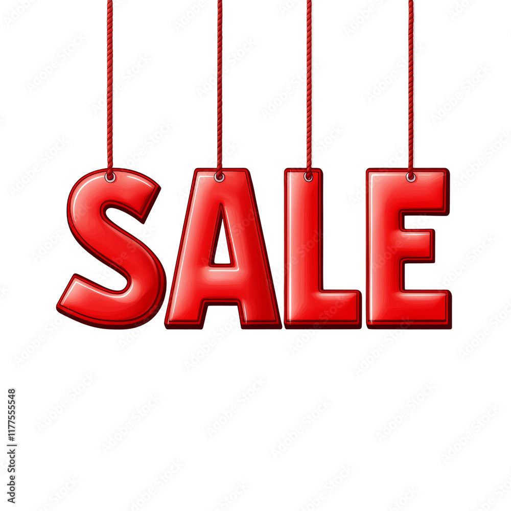 Poster The image shows the word SALE in large red glossy letters suspended from strings against a white background.