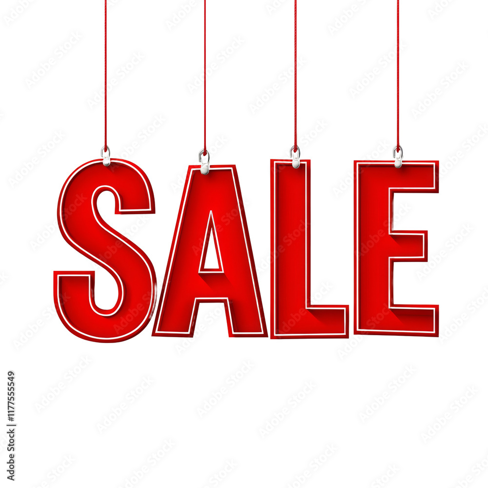 Poster A 3D rendering of the word SALE in red hanging from thin red strings against a white background.