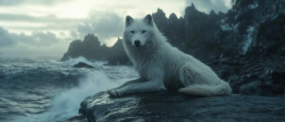 Obraz premium White wolf on rocky shore, stormy sea