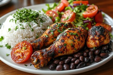 Grilled chicken drumsticks served with rice, beans, and a fresh salad. A delicious and healthy meal.