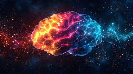A vibrant digital representation of a brain illustrating creativity and cognition, glowing with colorful energy.