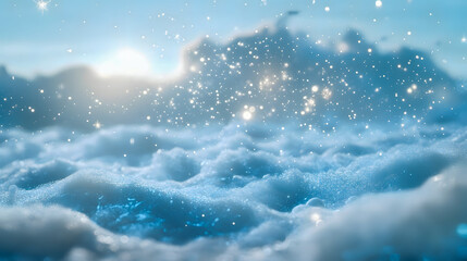 Sparkling Blue Sea Waves Under Bright Sky with Fluffy Clouds and Sunlight Reflection