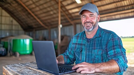 Farm worker using laptop in barn agriculture rural setting professional environment motivational concept