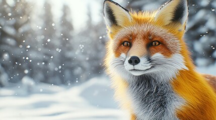 Fototapeta premium Red fox in snowy forest, looking at camera.