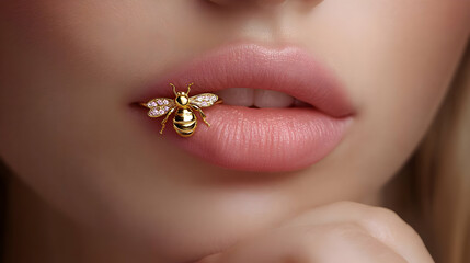 Obraz premium Close-up of a woman's lips adorned with a beautiful bee-shaped jewelry piece, showcasing unique fashion.