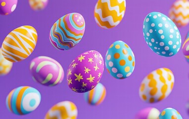 Fototapeta premium Hand-drawn Easter eggs in bold colors hovering mid-air on a neon lavender background
