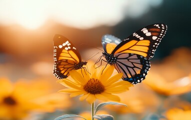 Obraz premium Two Monarch Butterflies on a Yellow Flower at Sunset Nature Photography