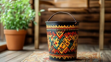 Bucket with traditional folk patterns on room background