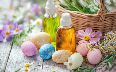 Fototapeta premium Aromatherapy oils and lotions arranged with Easter baskets and spring flowers