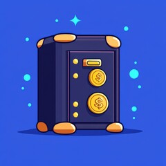 Naklejka premium A colorful cartoon safe with golden coins, symbolizing security and wealth on a bright blue background.