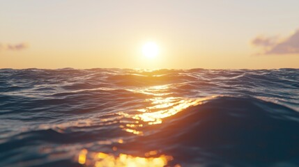 A captivating sunset over the ocean, photographed from an exciting low angle that captures the sun's rays reflecting on the water's surface. The warm hues of the sky contrast with the cool tones