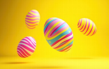 Obraz premium Levitating Easter eggs with stripes and abstract swirls on a neon yellow background