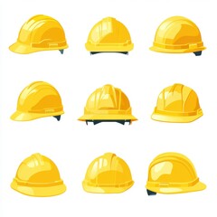 A collection of yellow hard hats showcasing various styles and designs, ideal for construction safety.