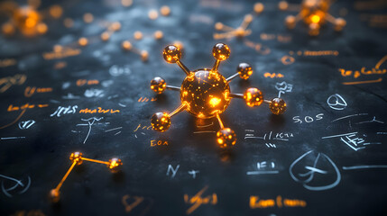 Stunning visualization of a molecule amidst mathematical equations and glowing lights, highlighting the beauty of science.